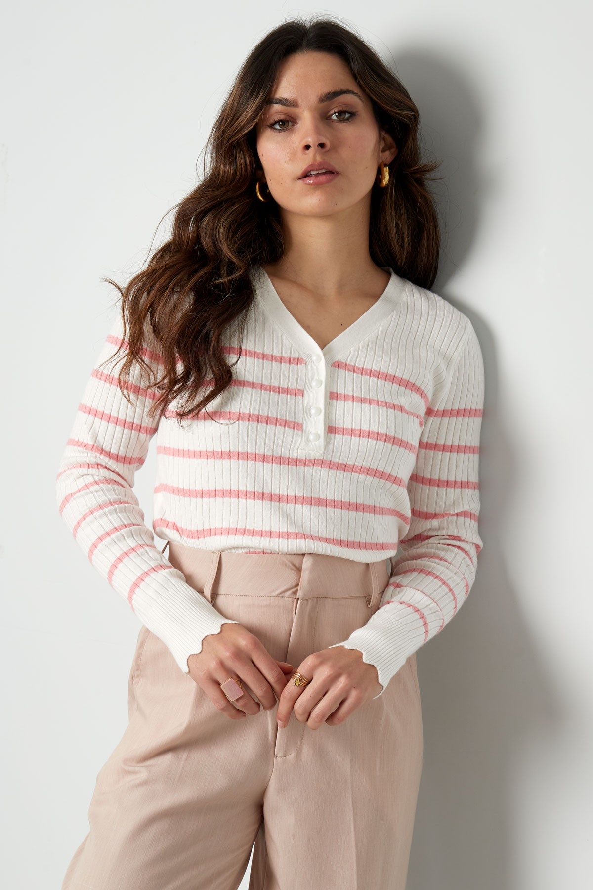 Jersey de rayas con cuello de pico - rosa  h5 Imagen3