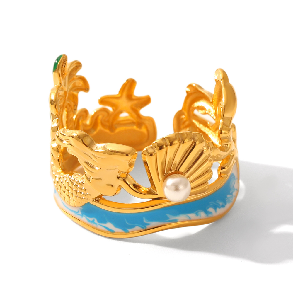 Vacation Turtle Edelstahl Goldfarben Perlen Statement Ringe