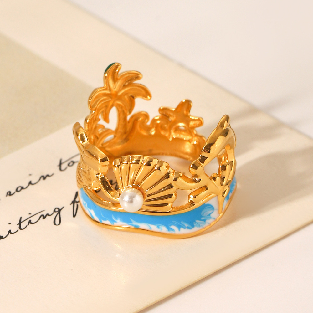 Vacation Turtle Edelstahl Goldfarben Perlen Statement Ringe Bild4