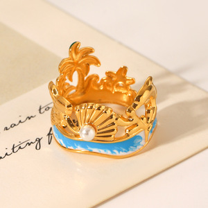 Vacation Turtle Edelstahl Goldfarben Perlen Statement Ringe h5 Bild4