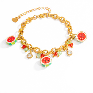 Pulseras con dijes de fruta sencilla y encantadora de acero inoxidable color dorado para mujer. h5