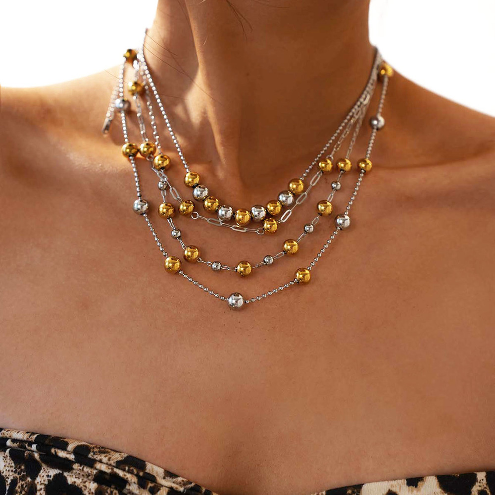 1 Adet Basit Karışık Altın Rengi ve Gümüş Renkleri Paslanmaz Çelik Kadın Boncuklu Kolye Resim2