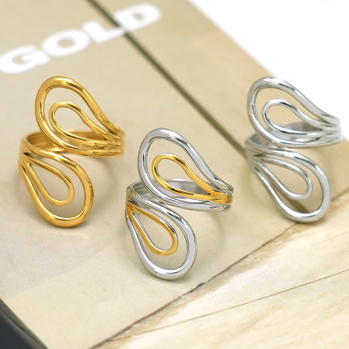 Anillos llamativos de acero inoxidable en color dorado con círculo retro de serie simple de 1 pieza h5 Imagen6