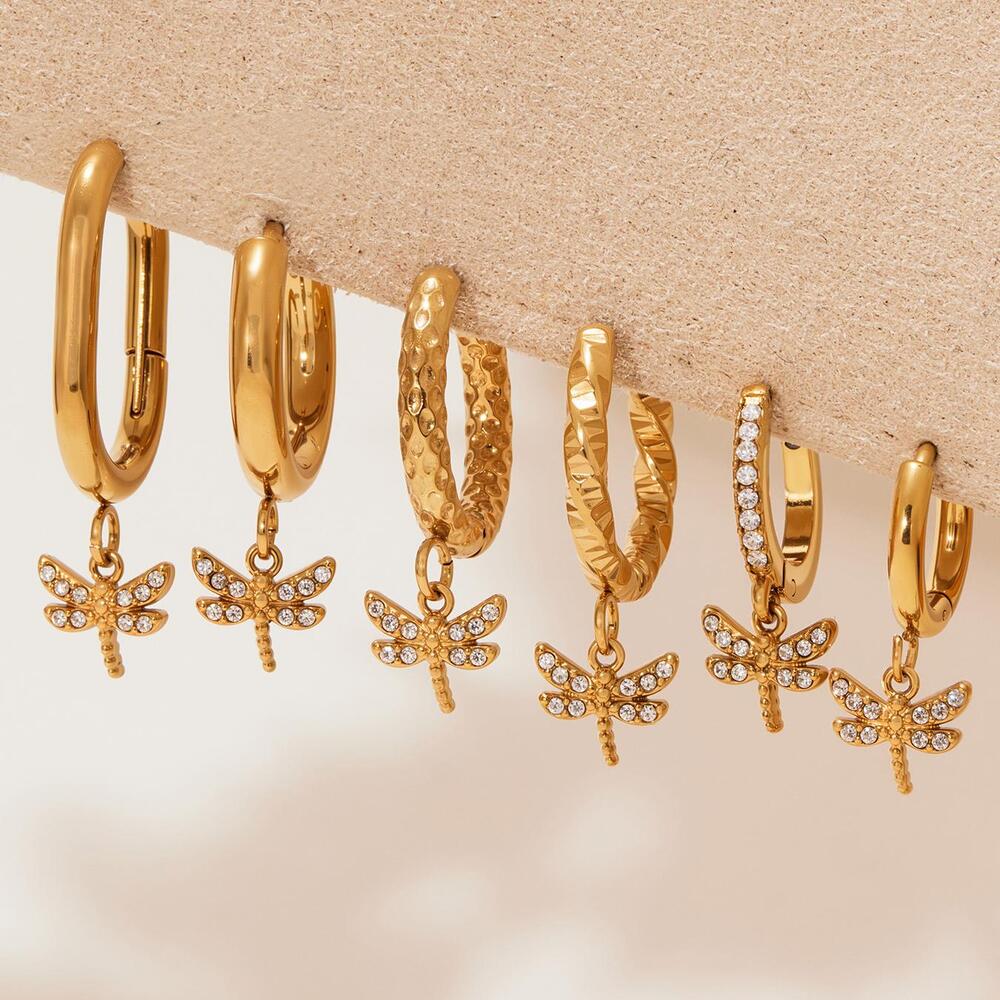 1 par de exquisitos pendientes colgantes de libélula de acero inoxidable con circonitas doradas para mujer Imagen6