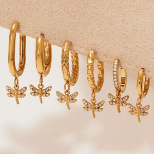 1 par de exquisitos pendientes colgantes de libélula de acero inoxidable con circonitas doradas para mujer h5 Imagen6