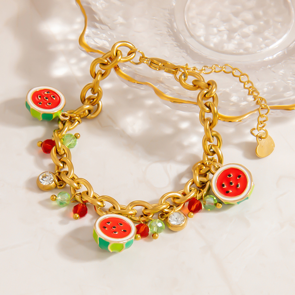 Pulseras con dijes de fruta sencilla y encantadora de acero inoxidable color dorado para mujer. h5Imagen3