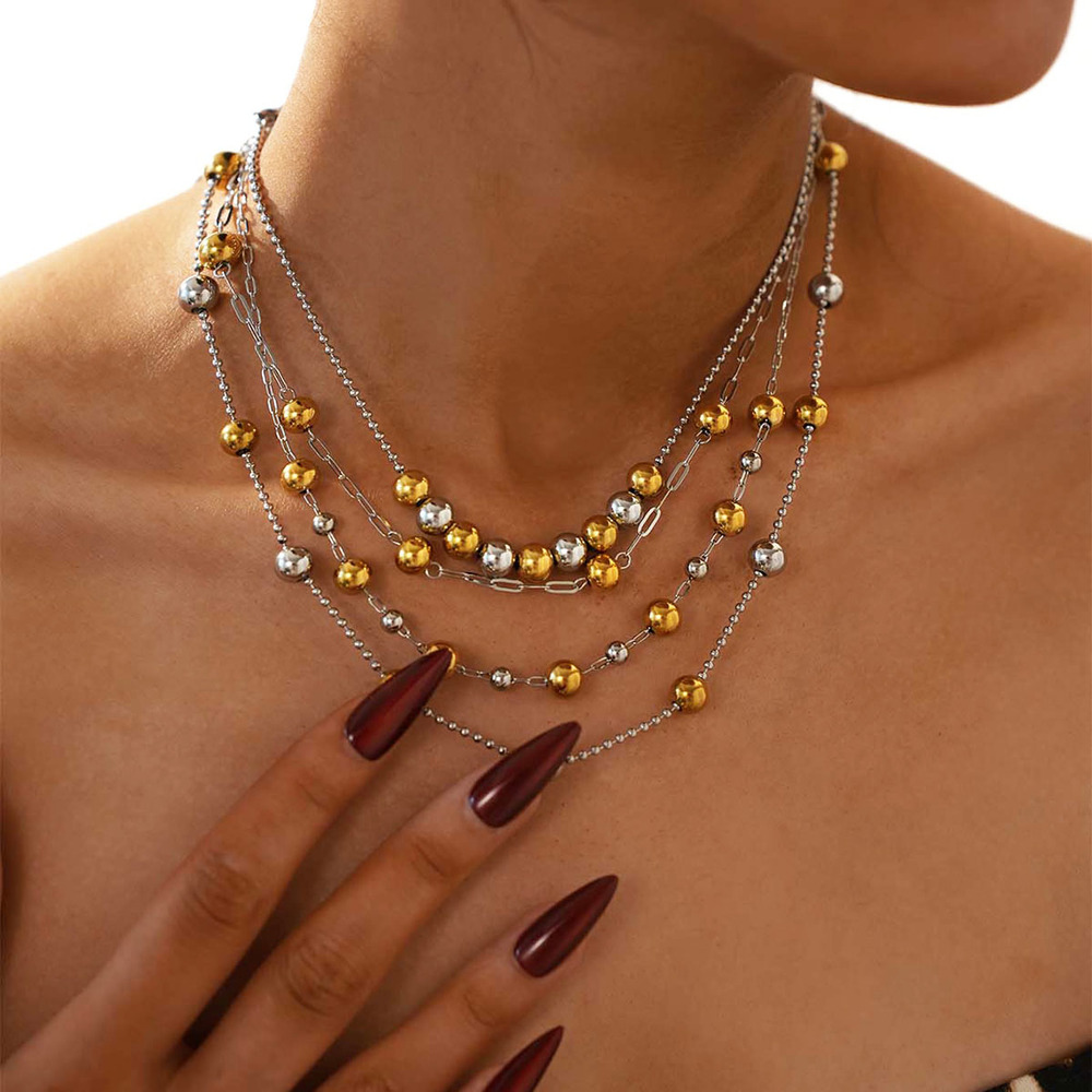 1 Adet Basit Karışık Altın Rengi ve Gümüş Renkleri Paslanmaz Çelik Kadın Boncuklu Kolye Resim4