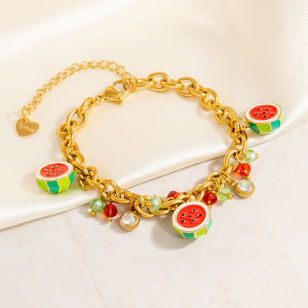 Pulseras con dijes de fruta sencilla y encantadora de acero inoxidable color dorado para mujer. h5Imagen5