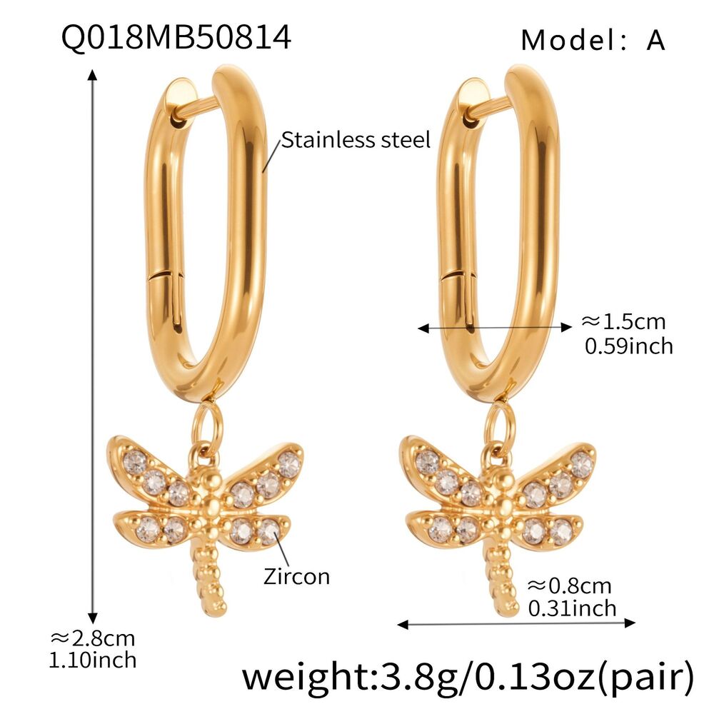 1 par de exquisitos pendientes colgantes de libélula de acero inoxidable con circonitas doradas para mujer
