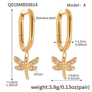1 par de exquisitos pendientes colgantes de libélula de acero inoxidable con circonitas doradas para mujer h5