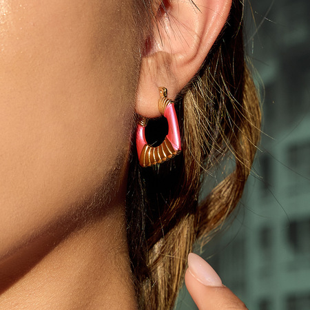 1 paire de boucles d'oreilles créoles rectangulaires roses rayonnantes en acier inoxydable couleur or pour femme