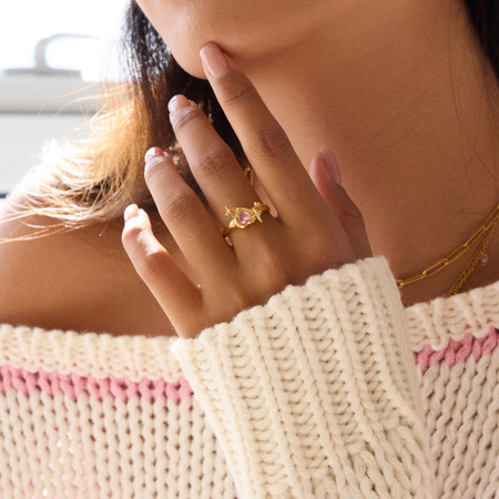 Bague glamour en acier inoxydable avec cœur rose et zircone pour femme, 1 pièce