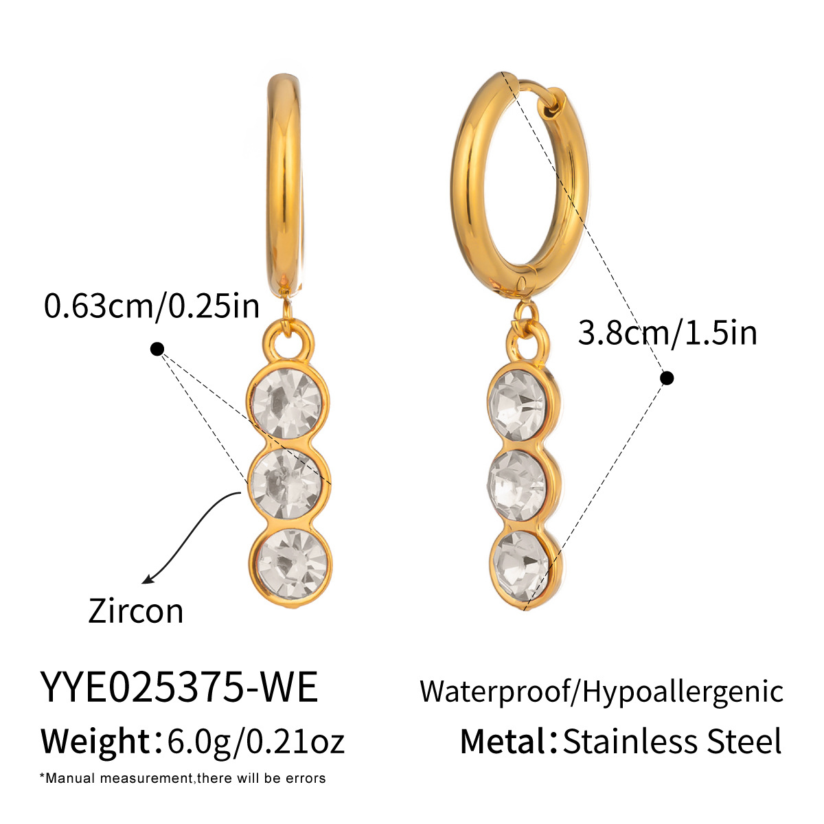 1 par de pendientes colgantes de circonita de color dorado y acero inoxidable h5 