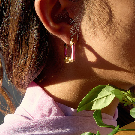 1 paire de boucles d'oreilles créoles rectangulaires roses rayonnantes en acier inoxydable couleur or pour femme 2