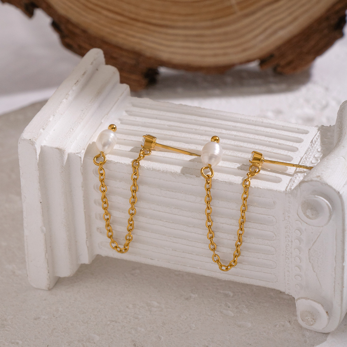 1 Pair Romantic Stainless Steel Gold Color  Zircon Pearl Dangle Earrings 2