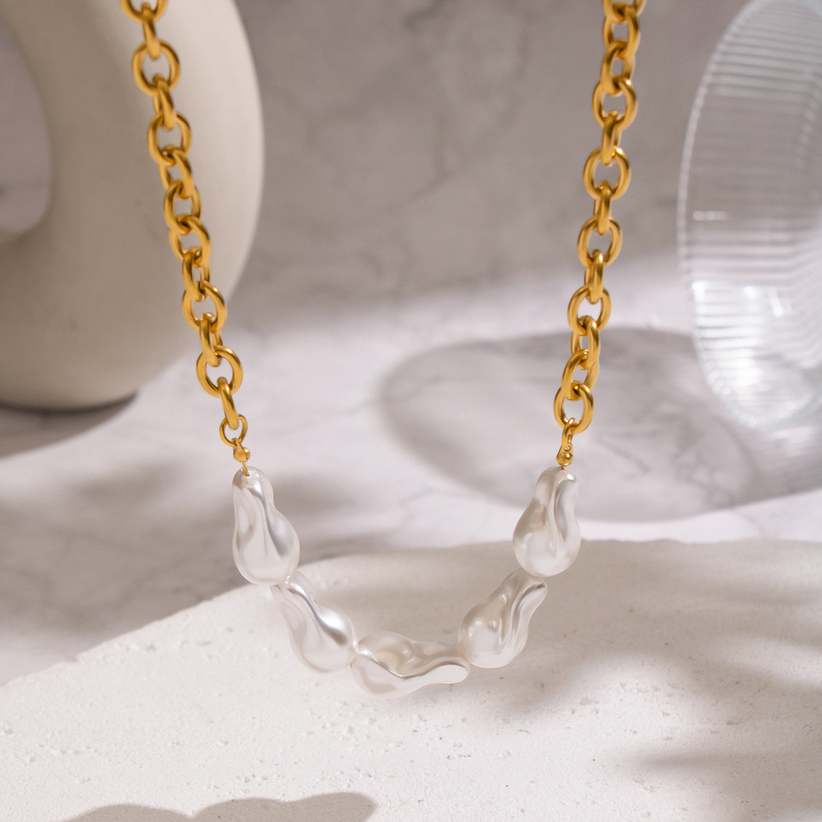 1 Piece Pearl Beads Chain Stainless Steel Gold Color Necklace