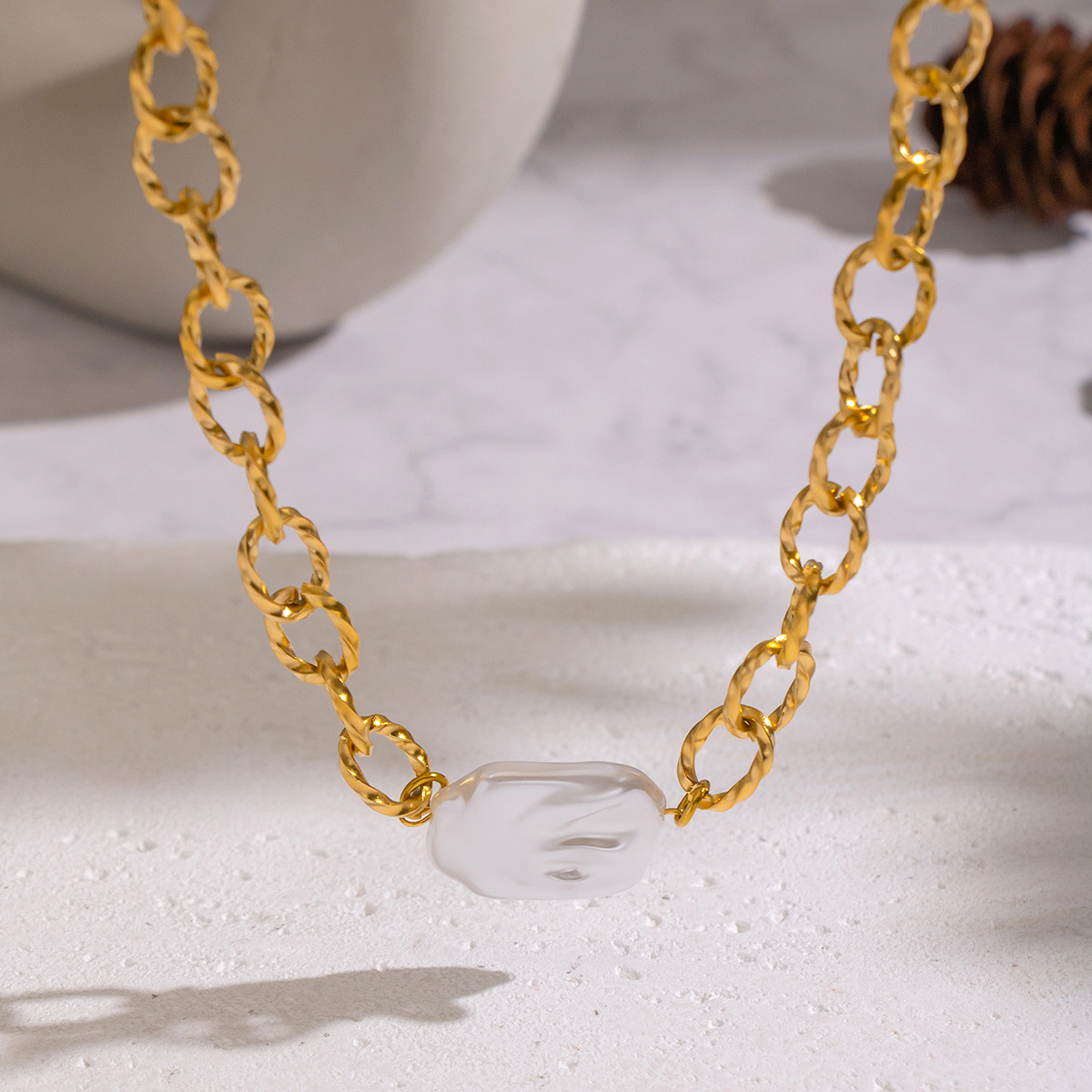 1 Piece Chain Stainless Steel Gold Color Pearl Pendant Necklace