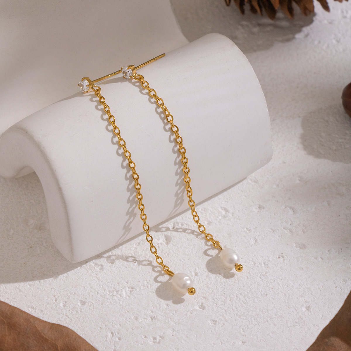 1 Pair Romantic Stainless Steel Gold Color  Zircon Pearl Dangle Earrings