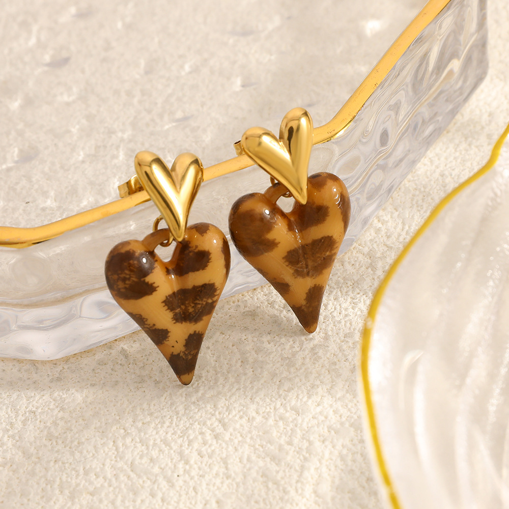 1 Pair Ethnic  Daily Heart Leopard Print Stainless Steel Women's Stud Earrings 2