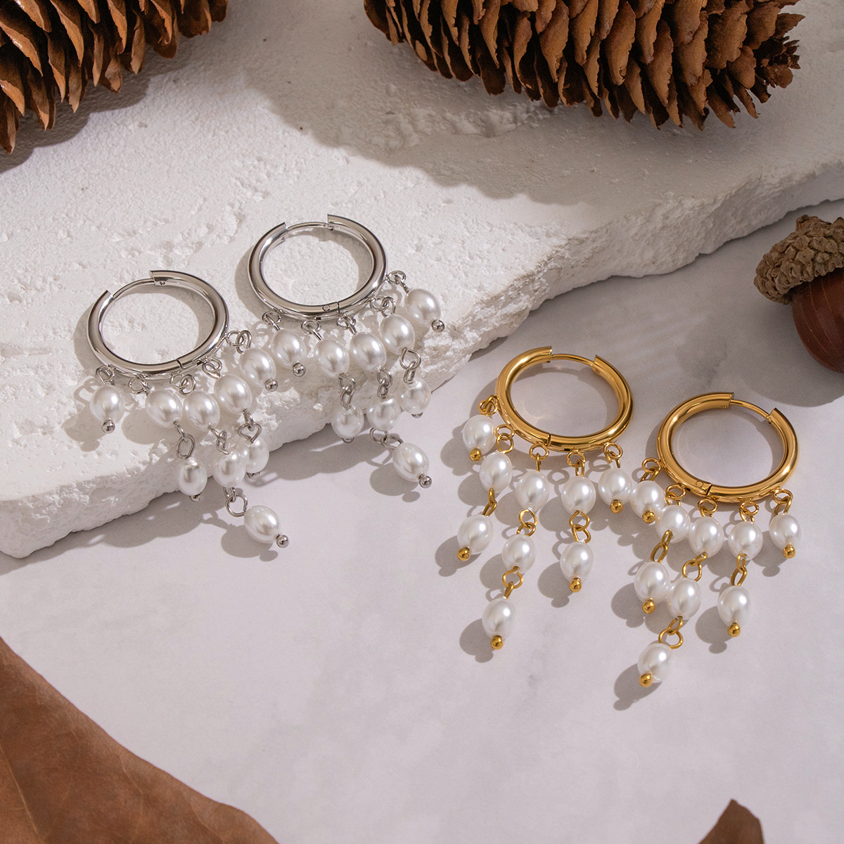 1 Pair Elegant Tassel Stainless Steel Gold Color Pearl Dangle Earrings