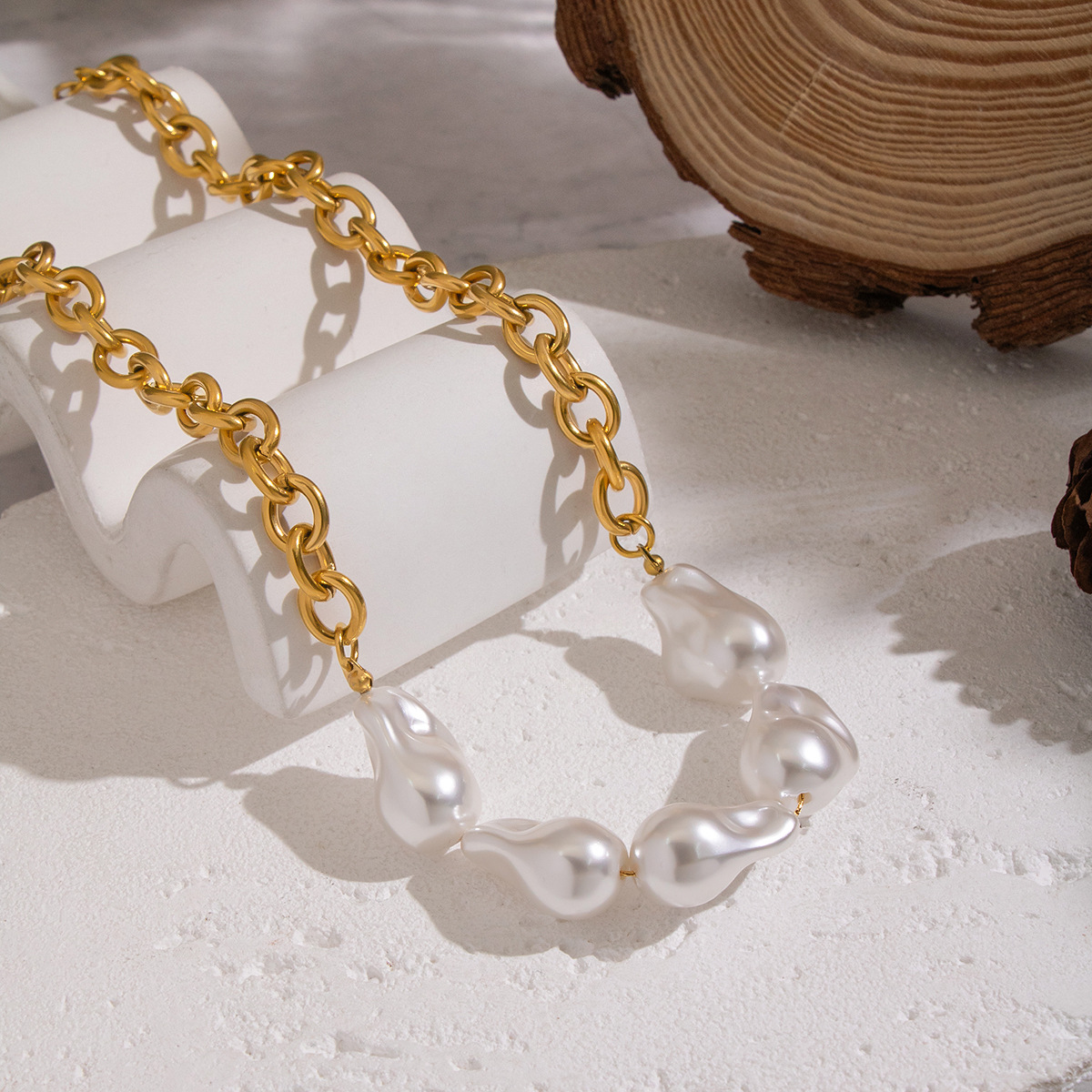 1 Piece Pearl Beads Chain Stainless Steel Gold Color Necklace 2