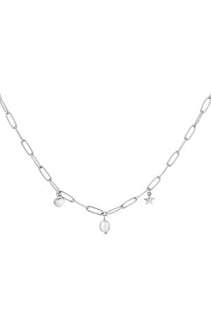 Link necklace with heart, pearl and star charm Silver Stainless Steel h5 