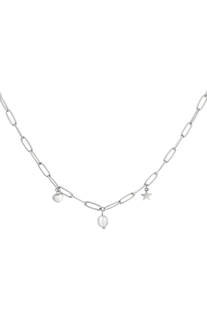 Link necklace with heart, pearl and star charm Silver Stainless Steel 