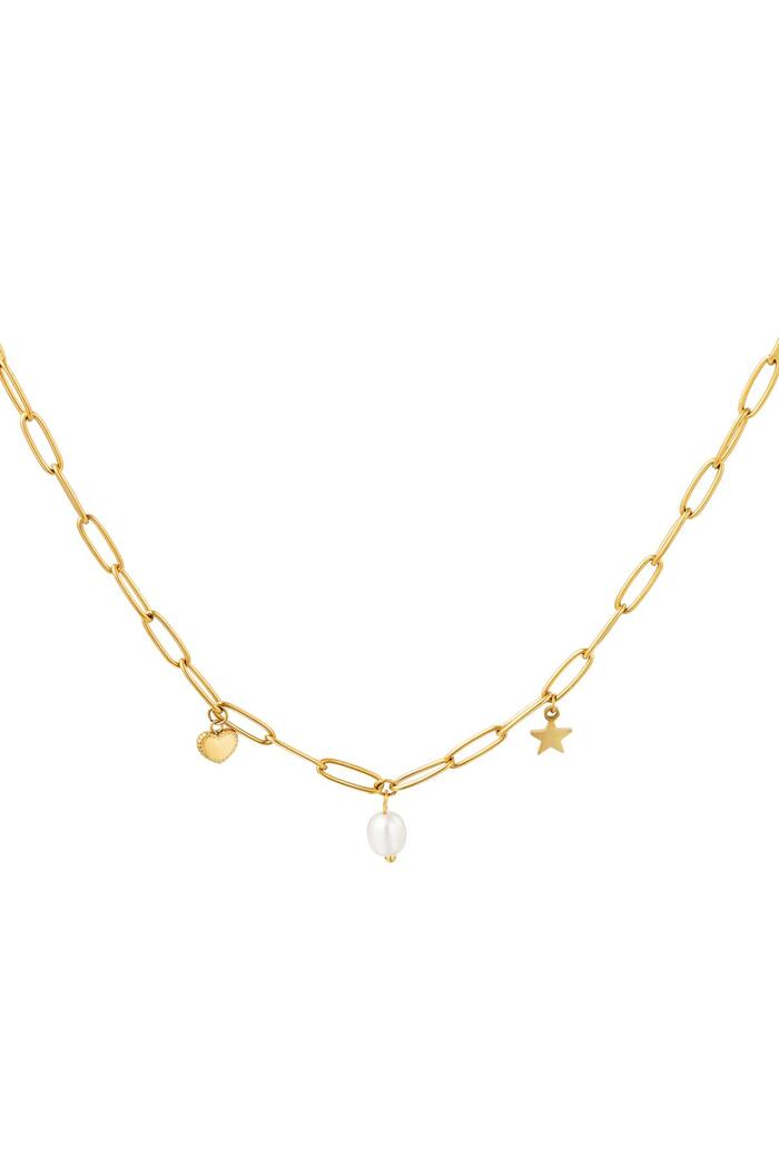 Link necklace with heart, pearl and star charm Gold Stainless Steel 