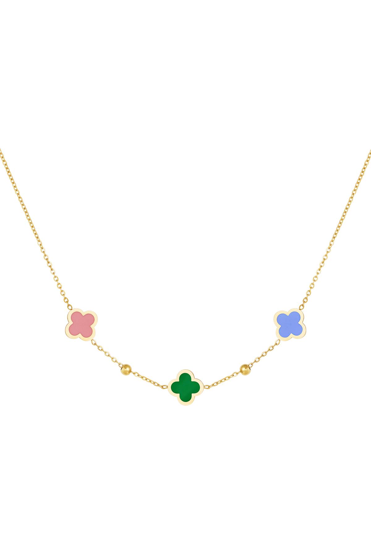 Necklace 3 clovers and small balls Green &amp; Gold Stainless Steel