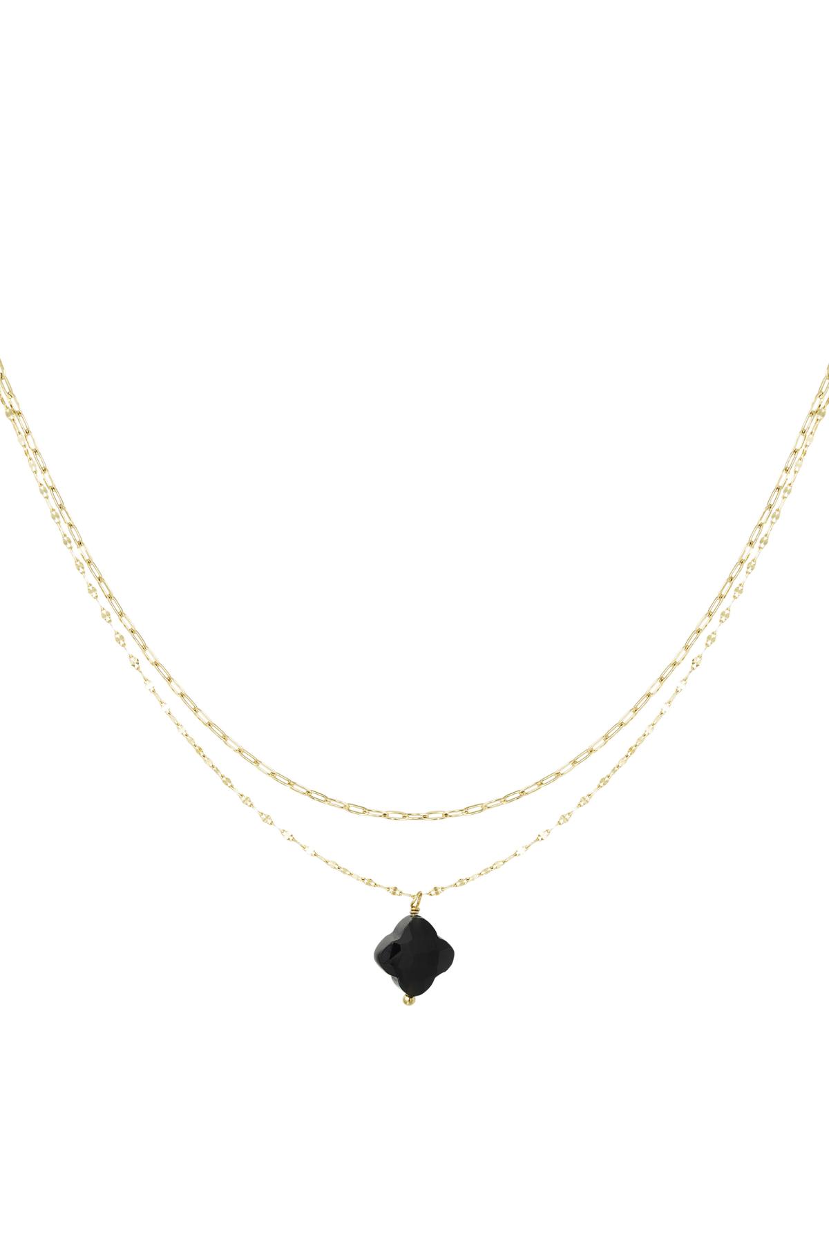 Double necklace with clover pendant - Natural stones collection Black &amp; Gold Stainless Steel