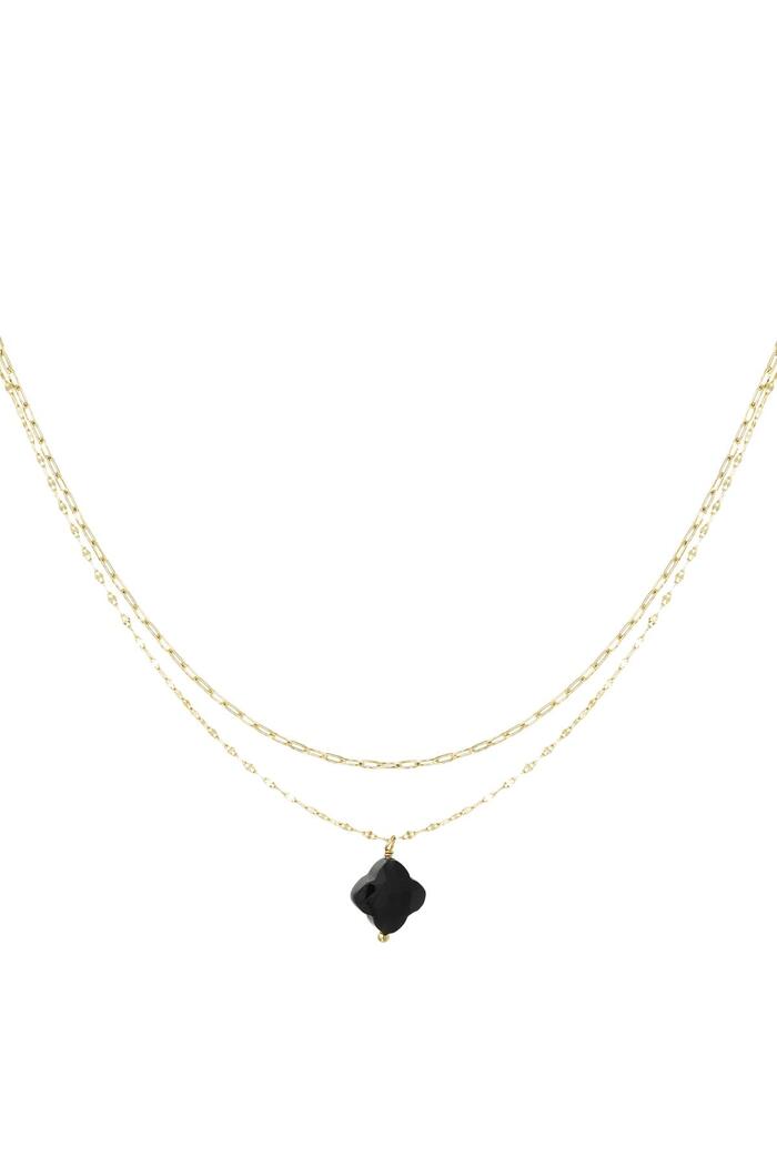 Double necklace with clover pendant - Natural stones collection Black & Gold Stainless Steel 