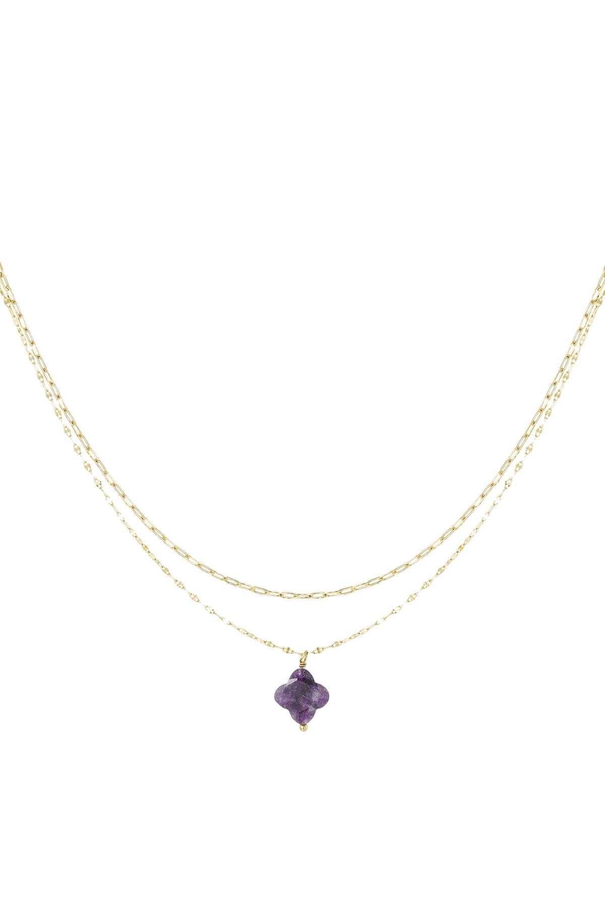 Double necklace with clover pendant - Natural stones collection Purple Stainless Steel