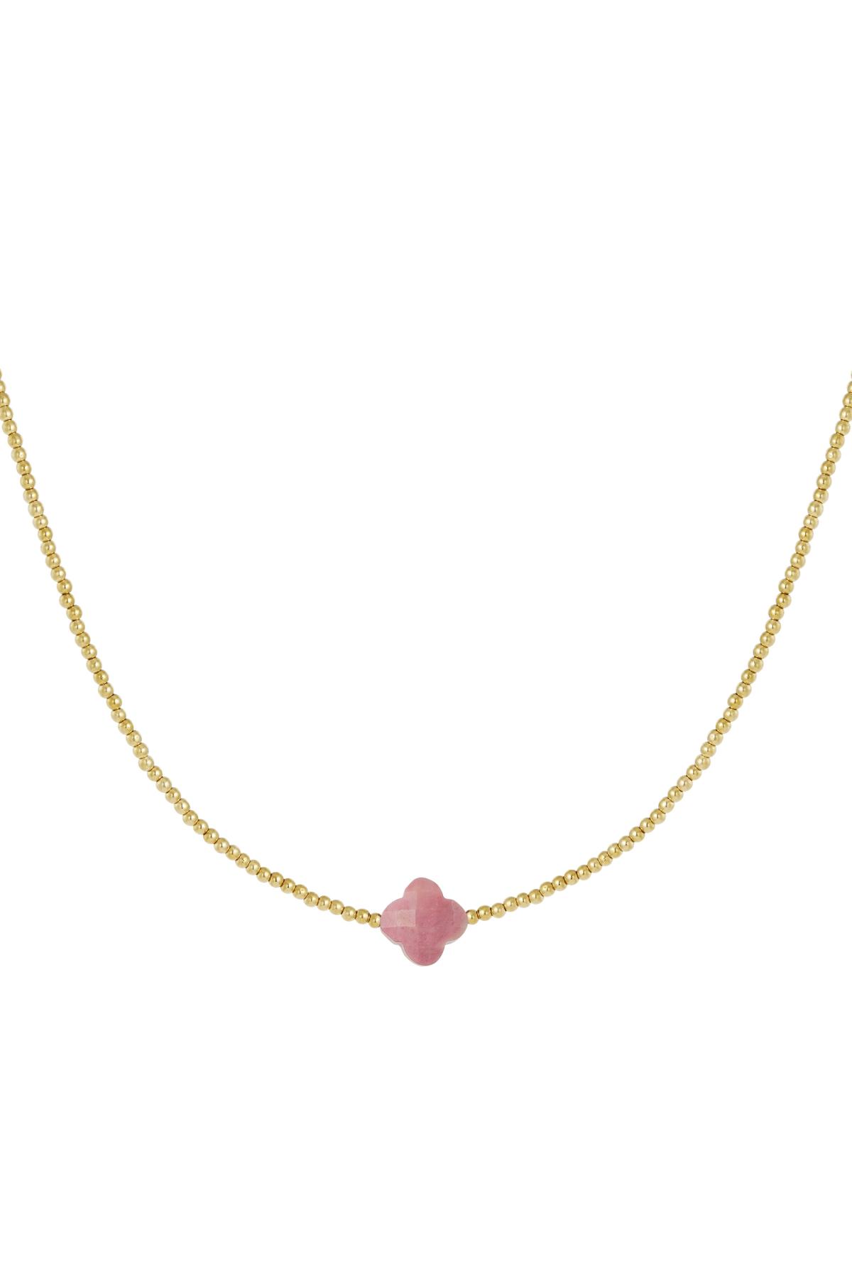 Beaded necklace clover - Natural stones collection Pink &amp; Gold Stainless Steel