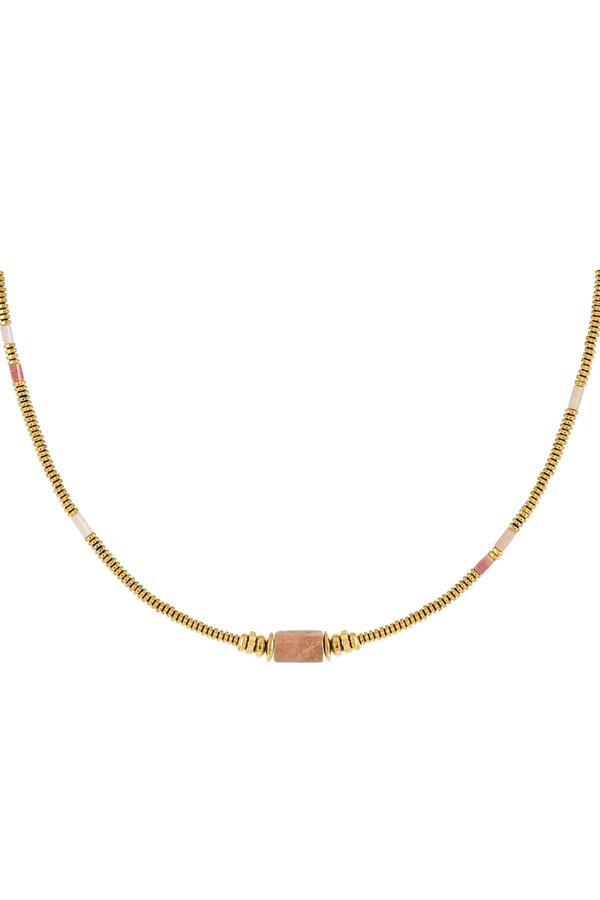 Necklace thin beads with charm - Natural Stones collection Pink & Gold Stainless Steel