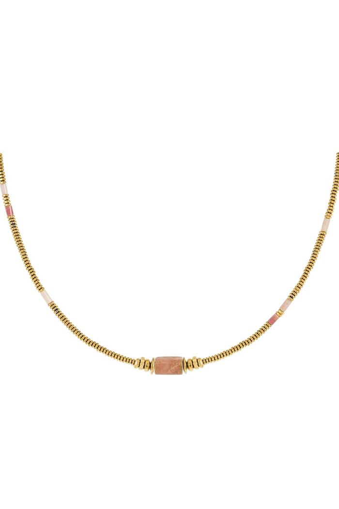 Necklace thin beads with charm - Natural Stones collection Pink & Gold Stainless Steel 