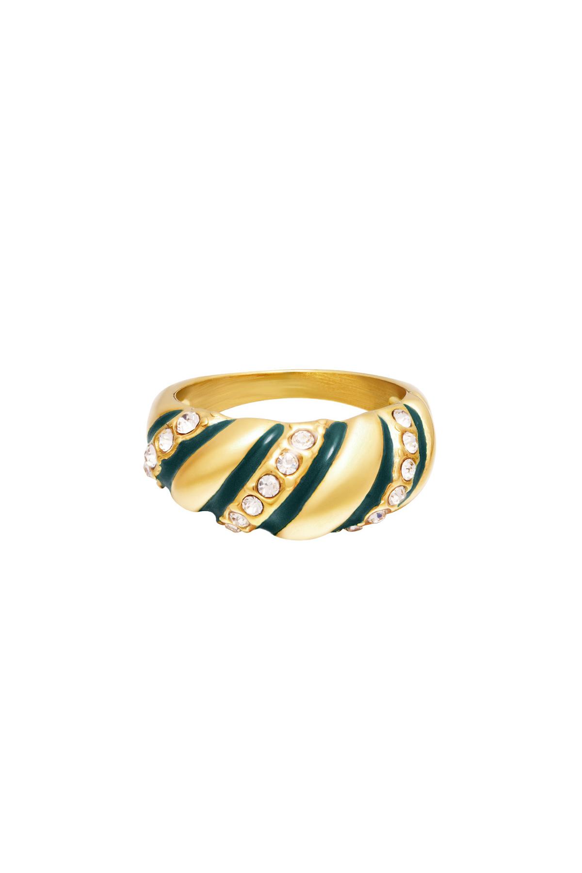 Stainless steel ring statement zircon swirl Green & Gold 16 