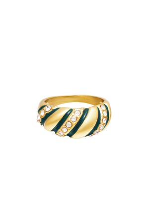 Stainless steel ring statement zircon swirl Green & Gold 16 h5 