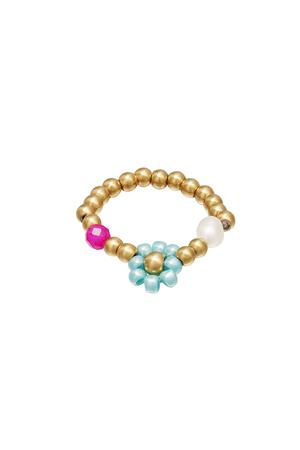 Beaded toe ring with flower Blue & Gold Hematite 14 h5 