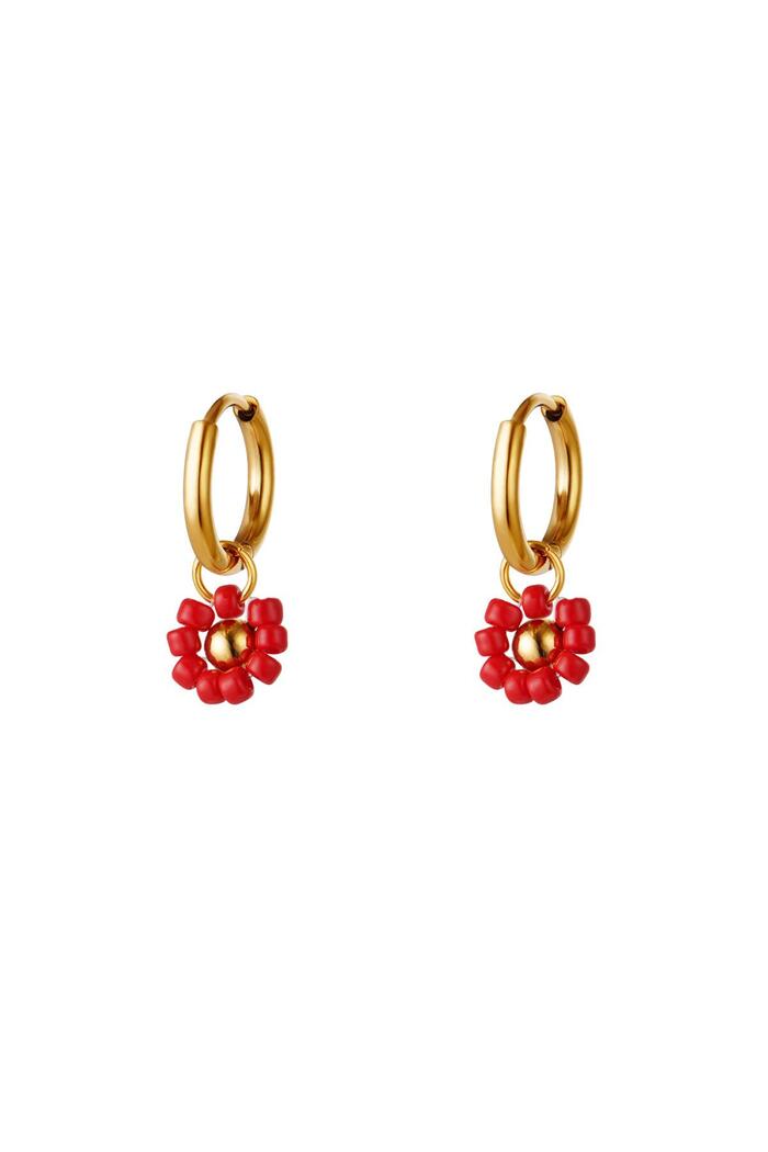 Stainless Steel Earrings Beaded Flower Red 