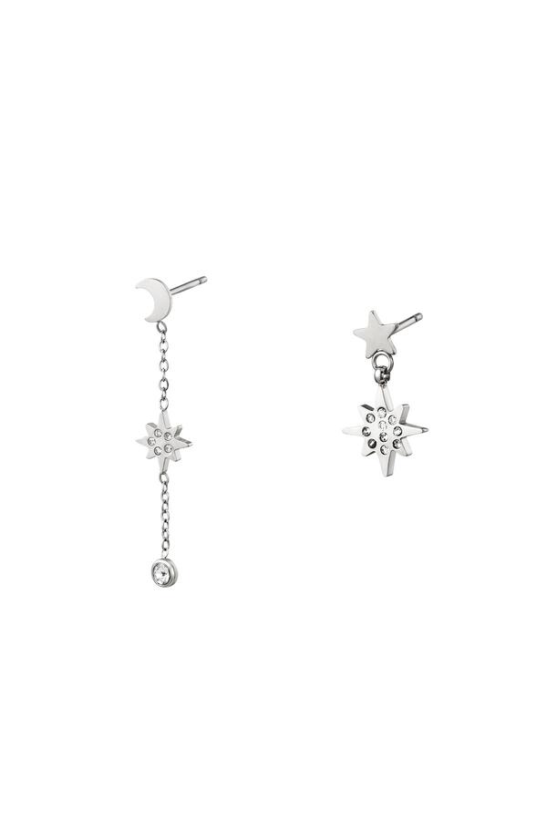 Assymetric Earring Set Moon & Star Silver Stainless Steel