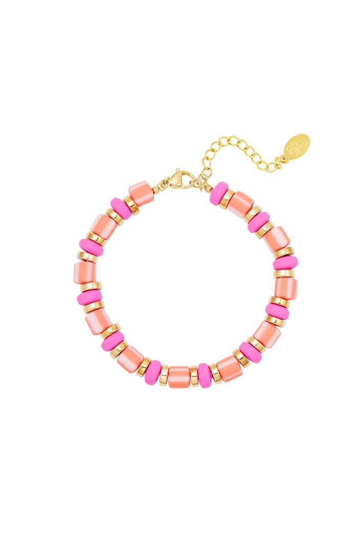 Colorful bracelet with big beads Pink & Gold polymer clay 