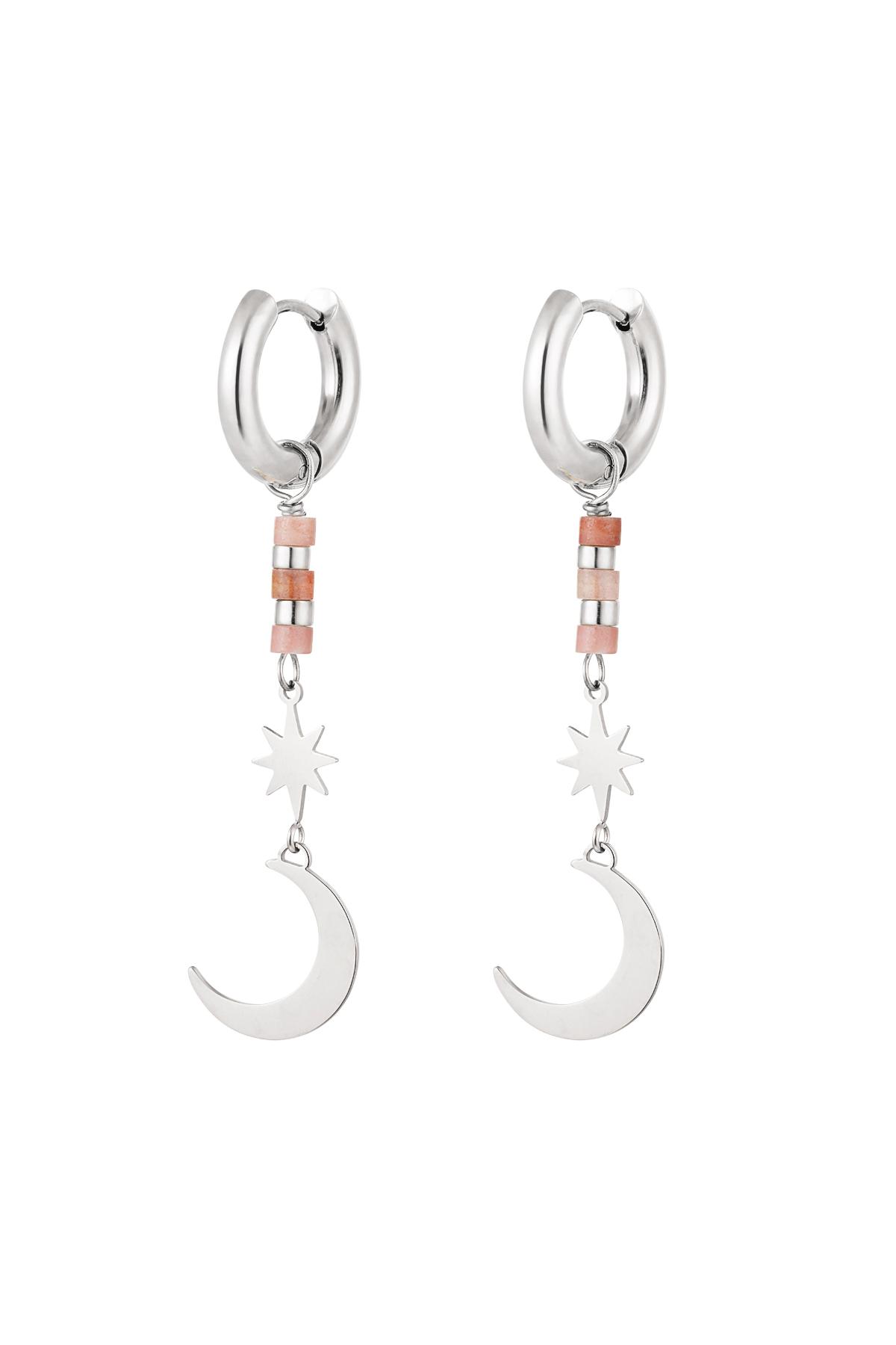 Earrings star/moon - Natural stone collection Pink &amp; Silver Stainless Steel