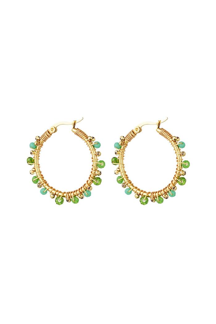 Hoop earrings with colored beads Green & Gold Stainless Steel 