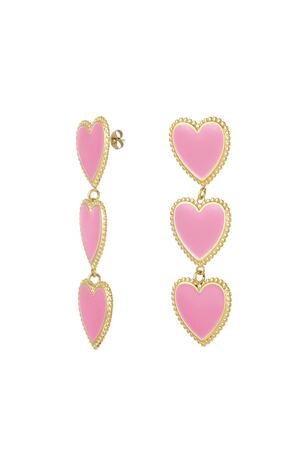 Oorbellen drie sierlijke hartjes op een rij Pink & Gold Stainless Steel h5 