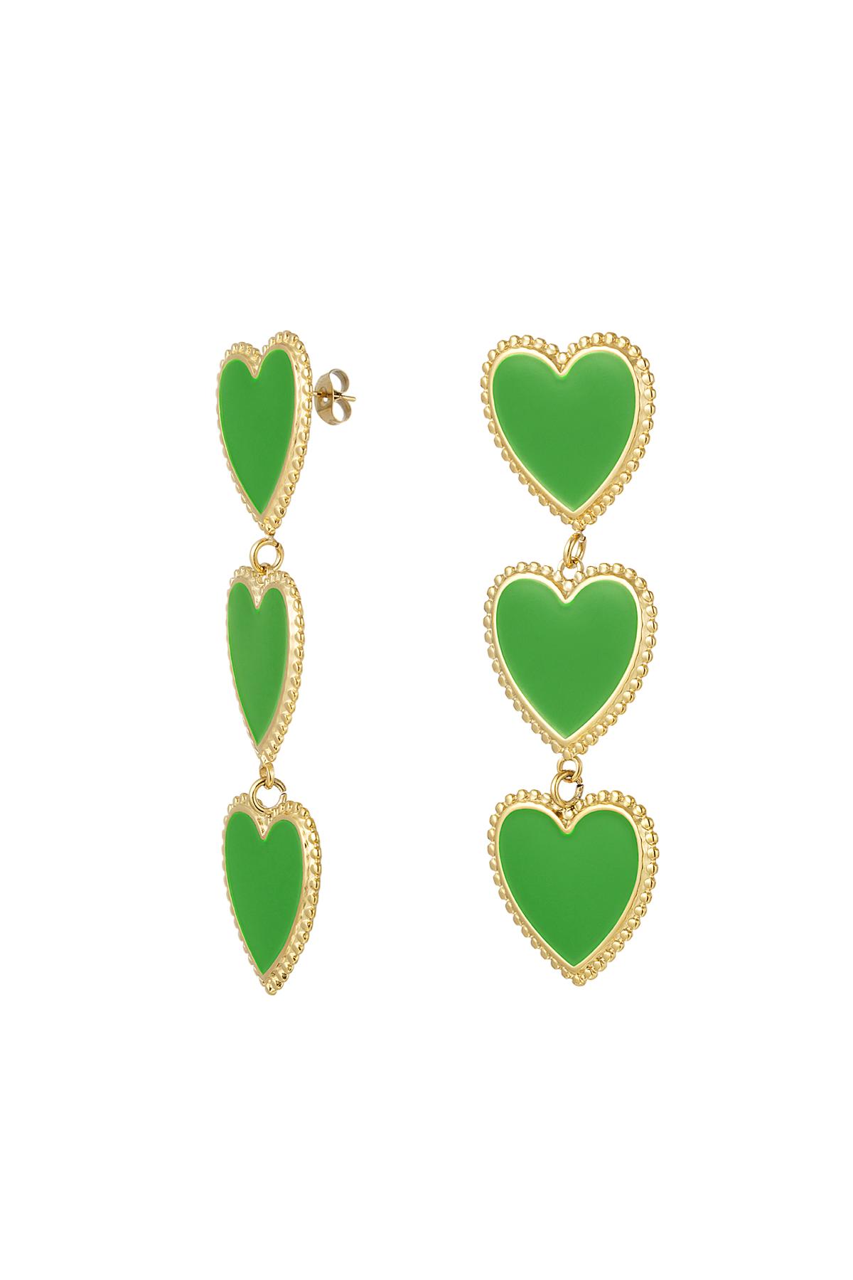 Ohrringe 3 anmutige Herzen in einer Reihe Grün Edelstahl