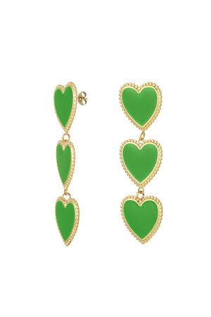 Ohrringe 3 anmutige Herzen in einer Reihe Grün Edelstahl h5 