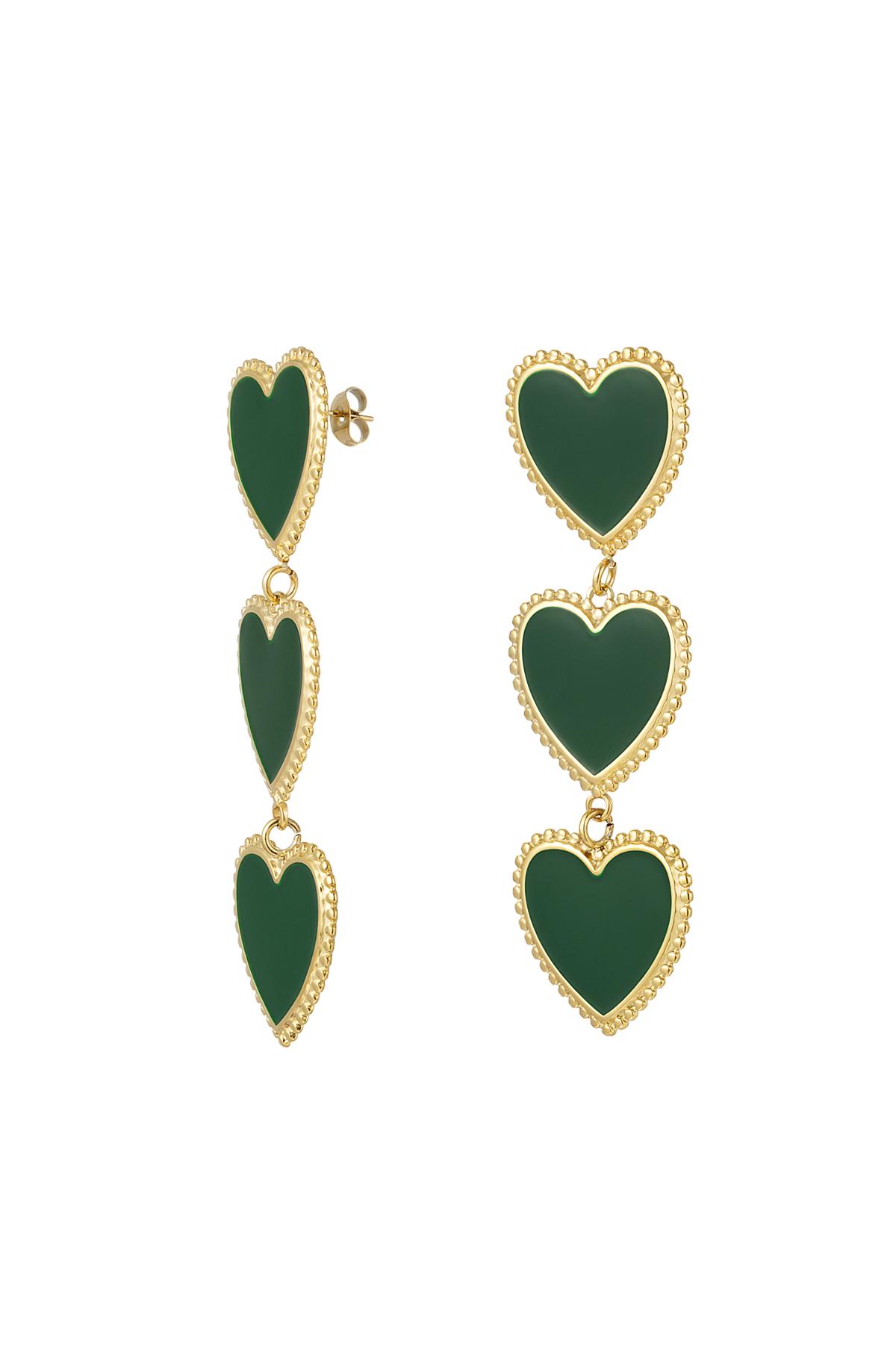 Ohrringe 3 anmutige Herzen in einer Reihe Grün &amp; Gold Edelstahl