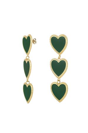Oorbellen 3 sierlijke hartjes op een rij Green & Gold Stainless Steel h5 