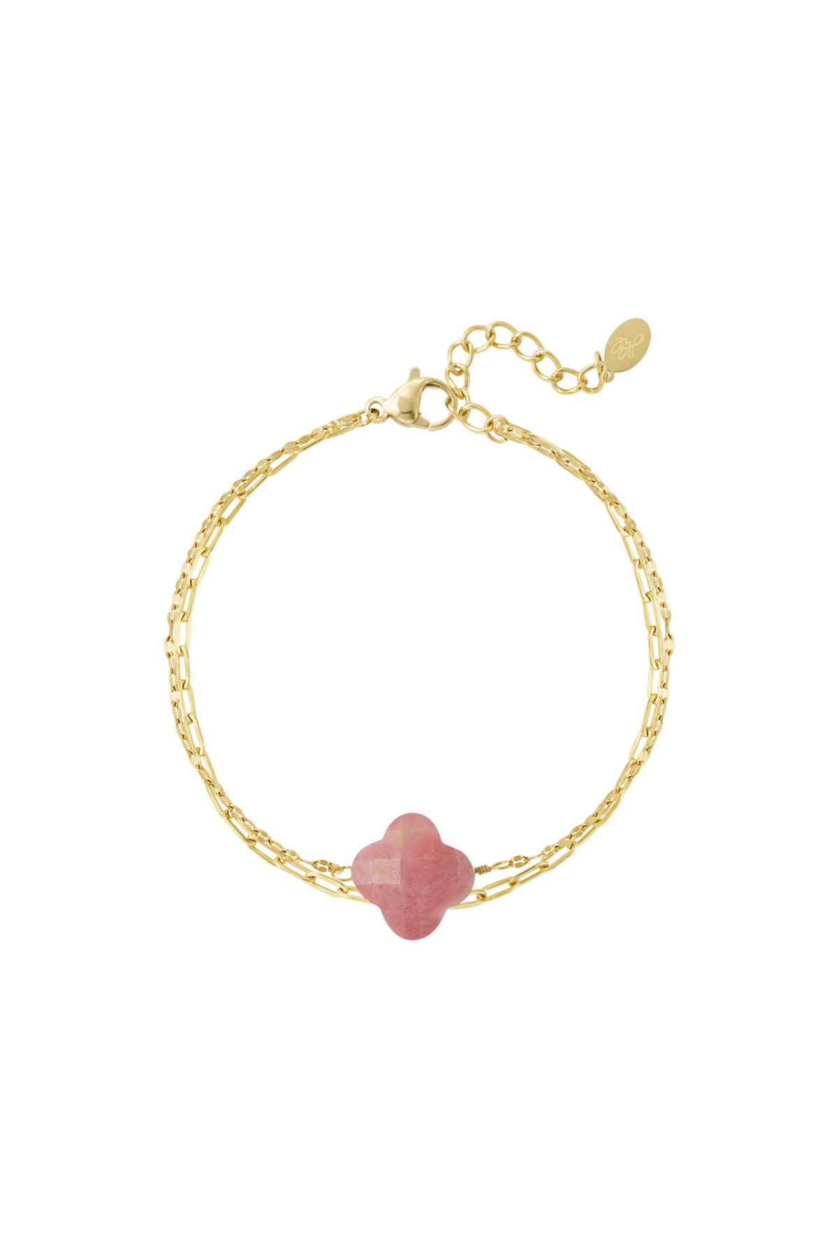 Double bracelet with clover - Natural stones collection Pink & Gold Stainless Steel h5 