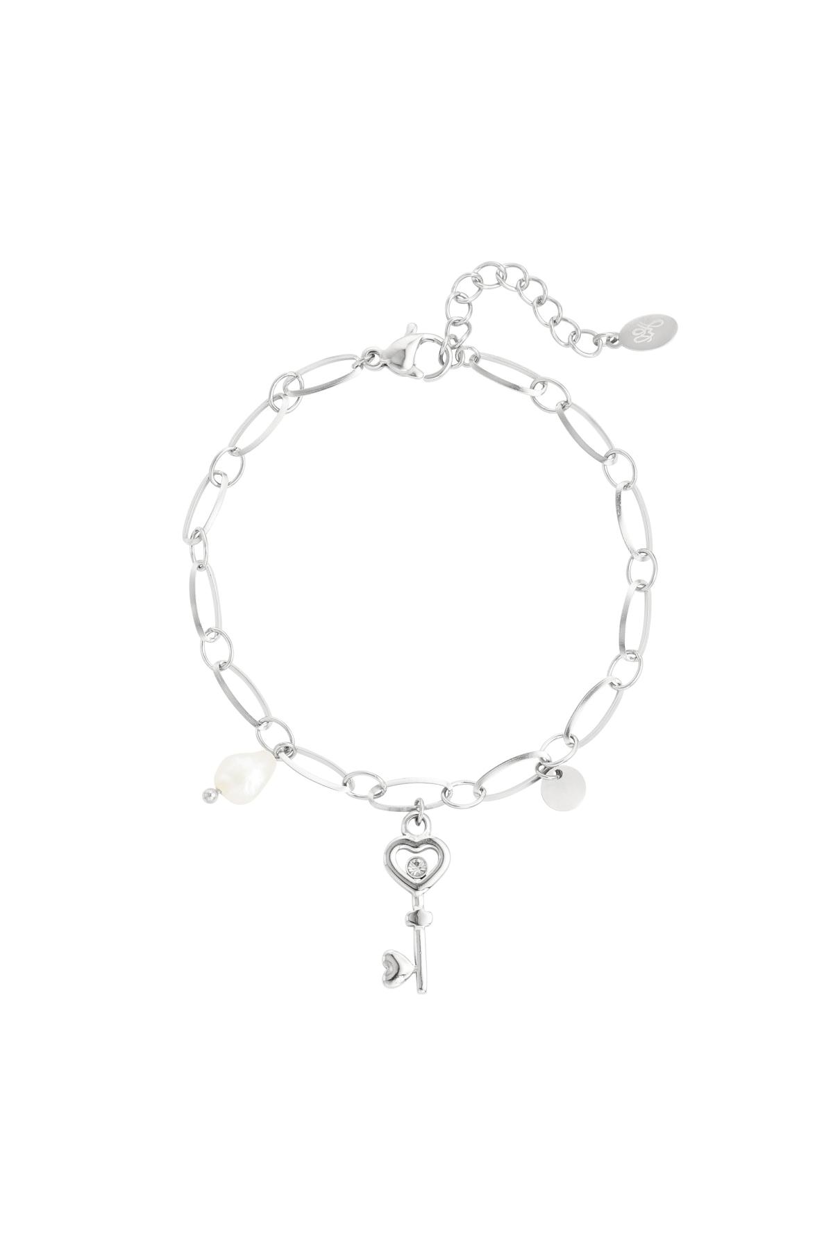 Bracelet lien breloque clé &amp; perle Argenté Acier inoxydable